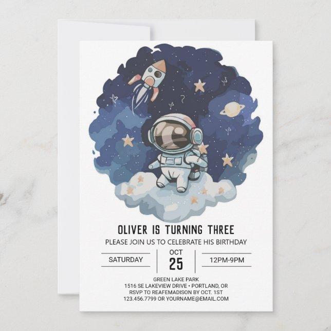 Blue Rocket Modern Astronaut Boy Birthday Inbjudningar (Framsida)