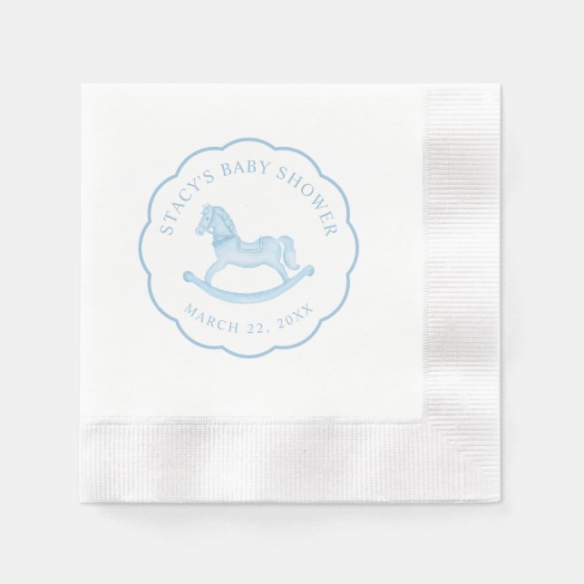 Blue Rocking Horse Boy Baby Shower Napkins Pappersservett (Framsidan)