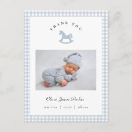 Blue Rocking horse Gingham Boy Birth Announcement Vykort