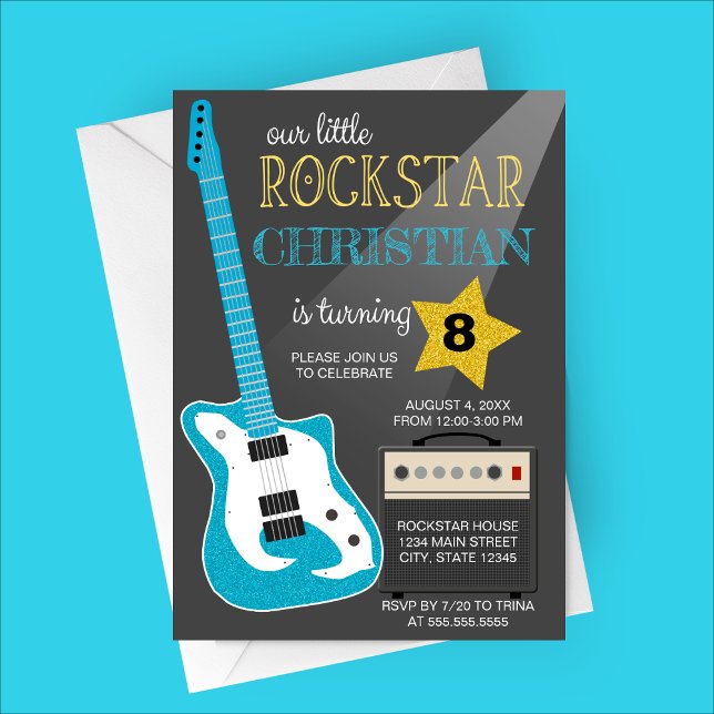Blue Rockstar Birthday Party Inbjudningar (Our Little Rockstar | Blue Guitar Birthday Party Invitation)