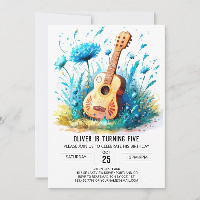 Blue Roligt Guitar Boy Birthday Inbjudningar (Framsida)