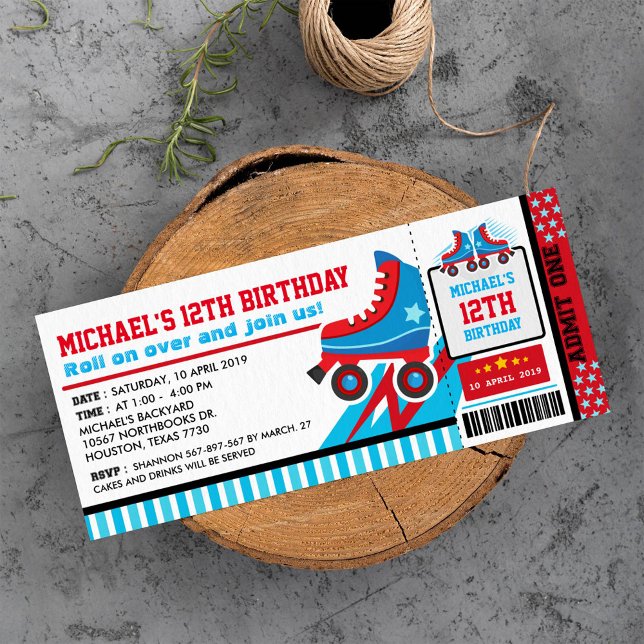 Blue Roller Skate Sport Biljett Pass Birthday Inbjudningar (Skapare uppladdad)