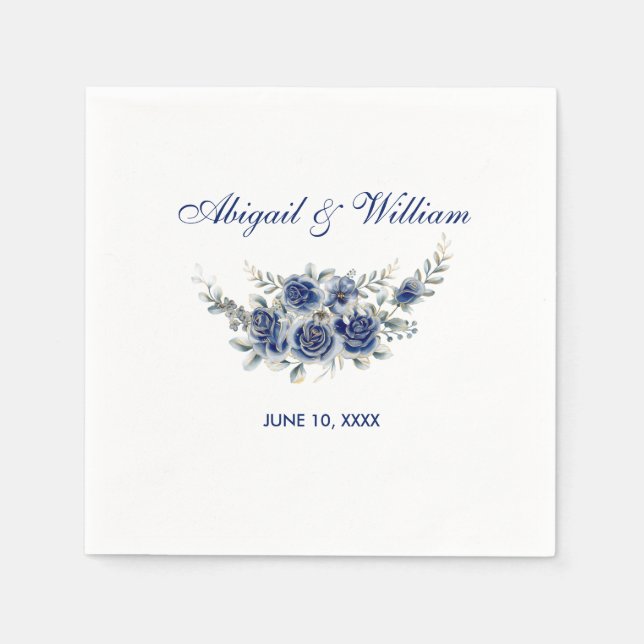 Blue Romantic Floral Botanical Wedding Napkins Pappersservett (Framsidan)