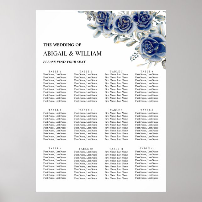 Blue Romantic Floral Wedding Seating Chart Poster (Framsidan)