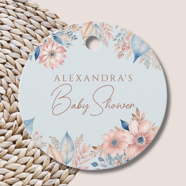 Blue Rosa Blommigt Boho Chic Baby Shower Tack Gåvor Etiketter (Skapare uppladdad)