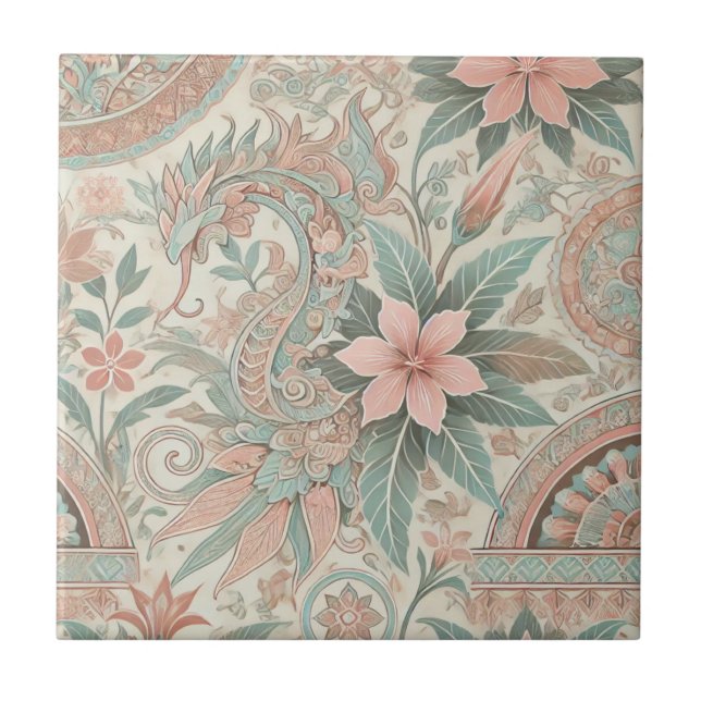 Blue Rosa Blommigt Boho indonsian Batik Watercolor Kakelplatta (Framsidan)