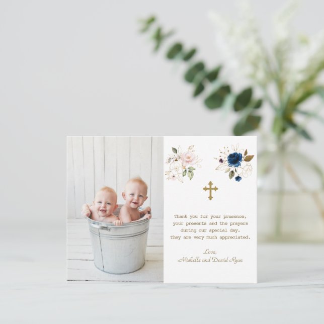 Blue Rosa Blommigt Photo Twillingar Guld Kor Bapti Tack Kort (Stående Fram)
