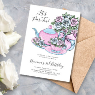 Blue Rosa Blommigt Tea Party Födelsedagsfest Inbjudningar