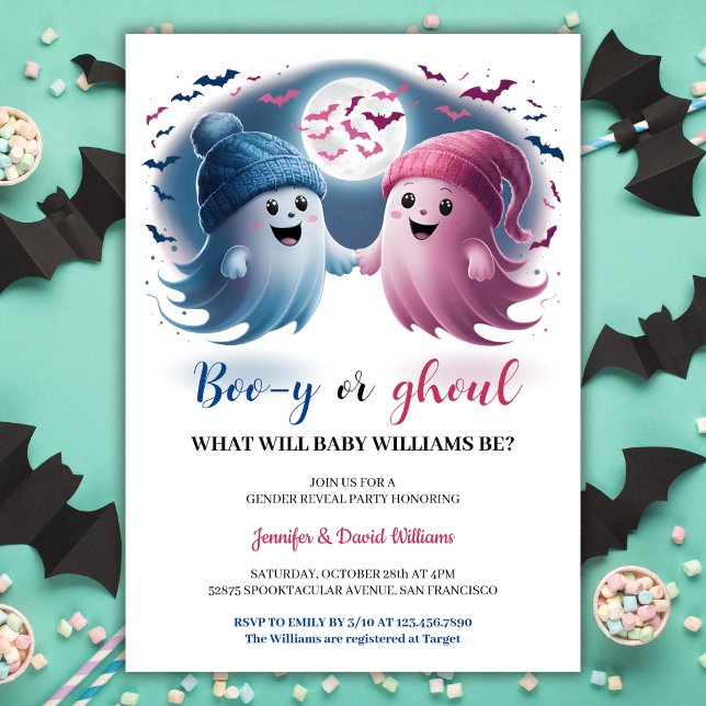 Blue Rosa Boo y eller Ghoul Halloween Gender Revea Inbjudningar (Blue Pink Boo y or Ghoul Halloween Gender Reveal Invitation)