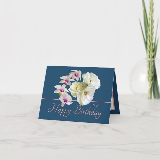 Blue Rosa Bouquet Vit ros Orchids Birthday Kort (Framsida)