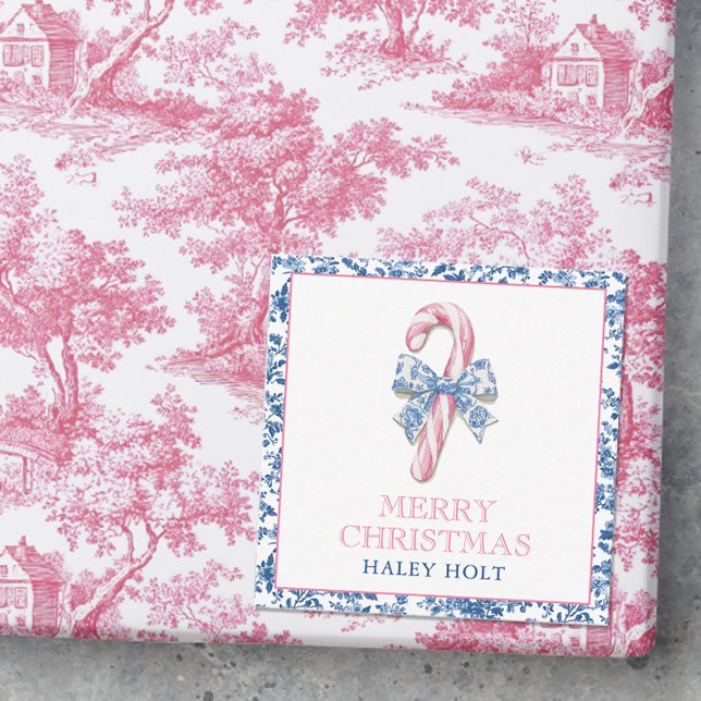 Blue & Rosa Chinoiserie Toile jul Candy cane Anteckningskort (Photo of a pink and blue chinoiserie christmas gift with a gift enclosure card.)