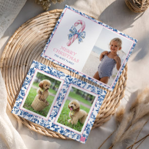 Blue & Rosa Chinoiserie Toile jul Candy cane Julkort