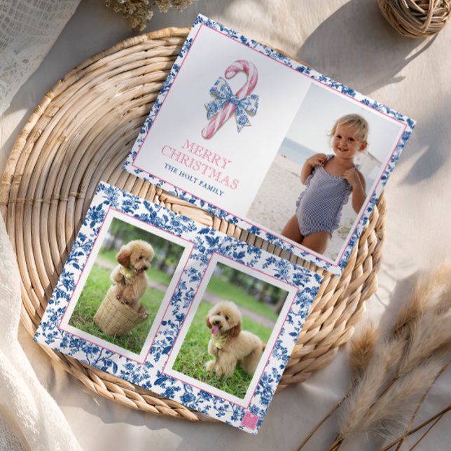 Blue & Rosa Chinoiserie Toile jul Candy cane Julkort (Skapare uppladdad)