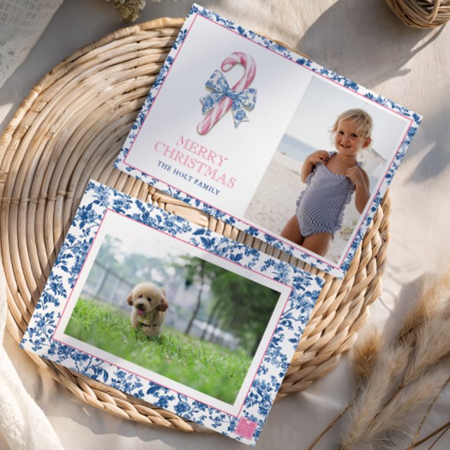 Blue & Rosa Chinoiserie Toile jul Candy cane Julkort (Skapare uppladdad)