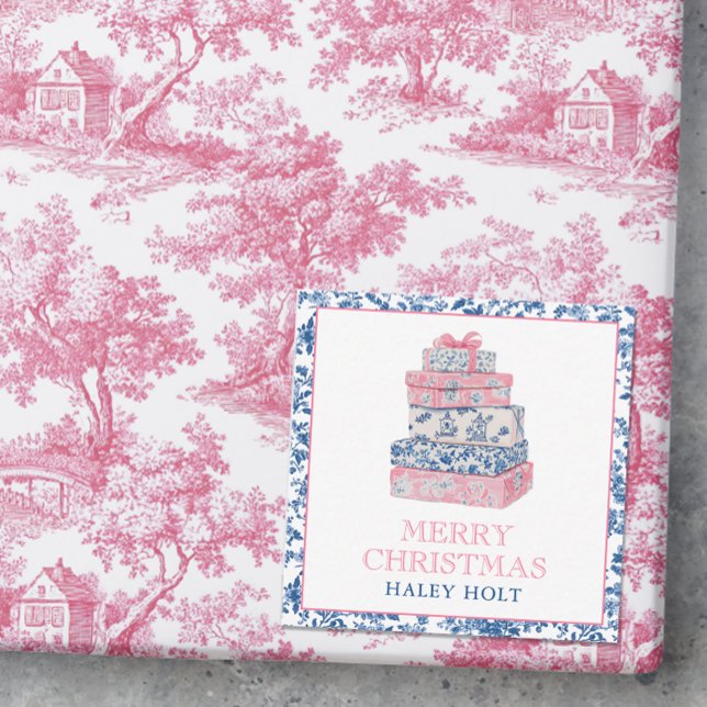 Blue & Rosa Chinoiserie Toile Julklapp Anteckningskort (Photo of a pink and blue chinoiserie christmas gift with a gift enclosure card.)