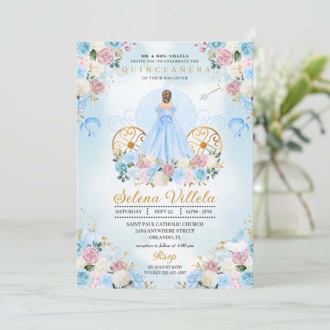 Blue & Rosa Cinderella Carriage Quinceañera Inbjudningar (Stående Fram)