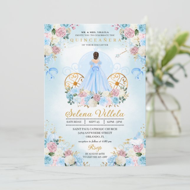 Blue & Rosa Cinderella Carriage Quinceañera Inbjudningar (Stående Fram)
