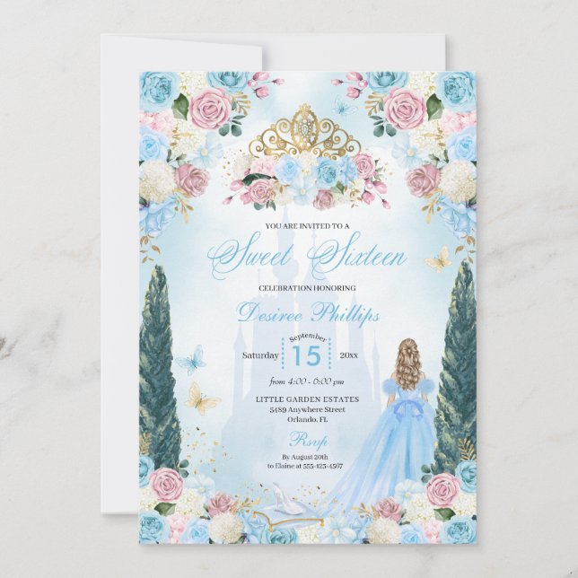 Blue & Rosa Cinderella Fairytale Princess Sweet 16 Inbjudningar (Framsida)