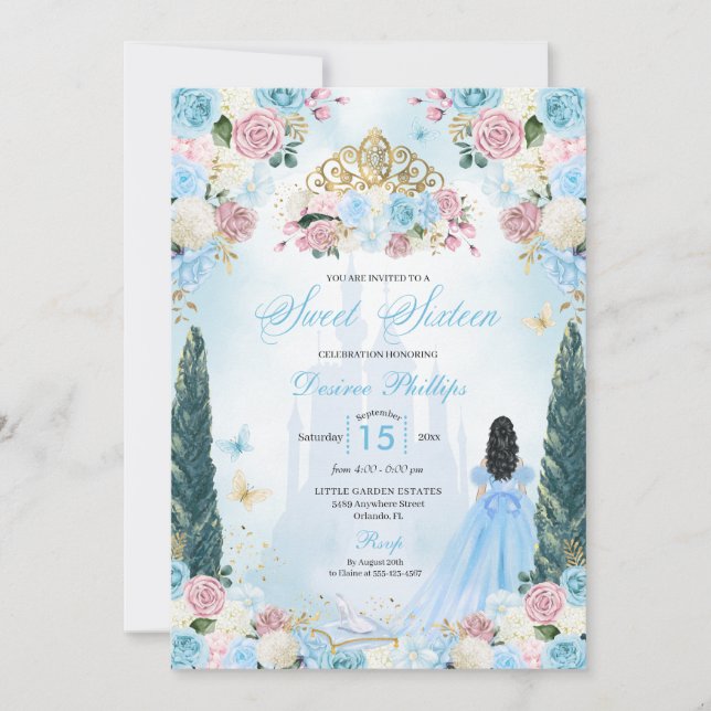 Blue & Rosa Cinderella Fairytale Princess Sweet 16 Inbjudningar (Framsida)