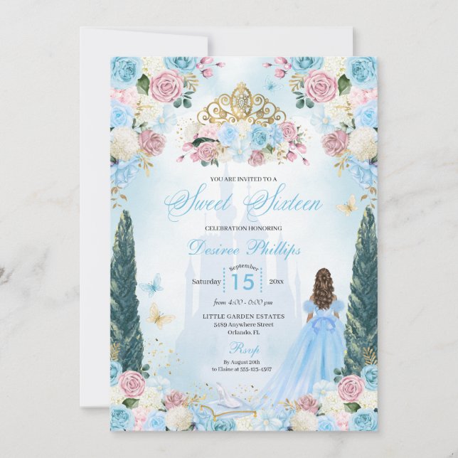 Blue & Rosa Cinderella Fairytale Princess Sweet 16 Inbjudningar (Framsida)