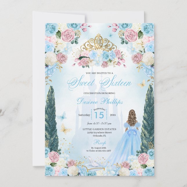 Blue & Rosa Cinderella Fairytale Princess Sweet 16 Inbjudningar (Framsida)