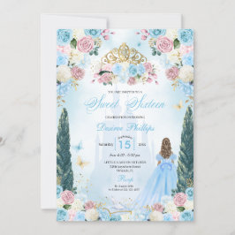 Blue & Rosa Cinderella Fairytale Princess Sweet 16 Inbjudningar