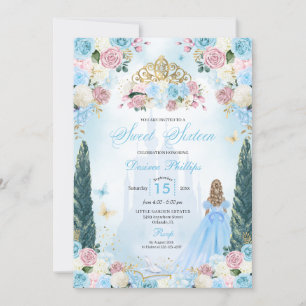 Blue & Rosa Cinderella Fairytale Princess Sweet 16 Inbjudningar