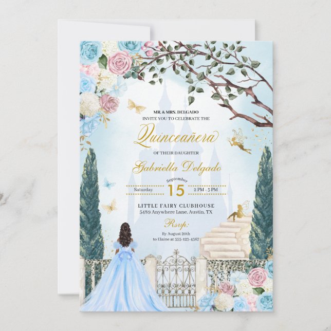 Blue & Rosa Cinderella Magic Garden Quinceanera Inbjudningar (Framsida)