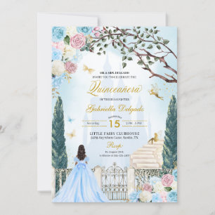 Blue & Rosa Cinderella Magic Garden Quinceanera Inbjudningar