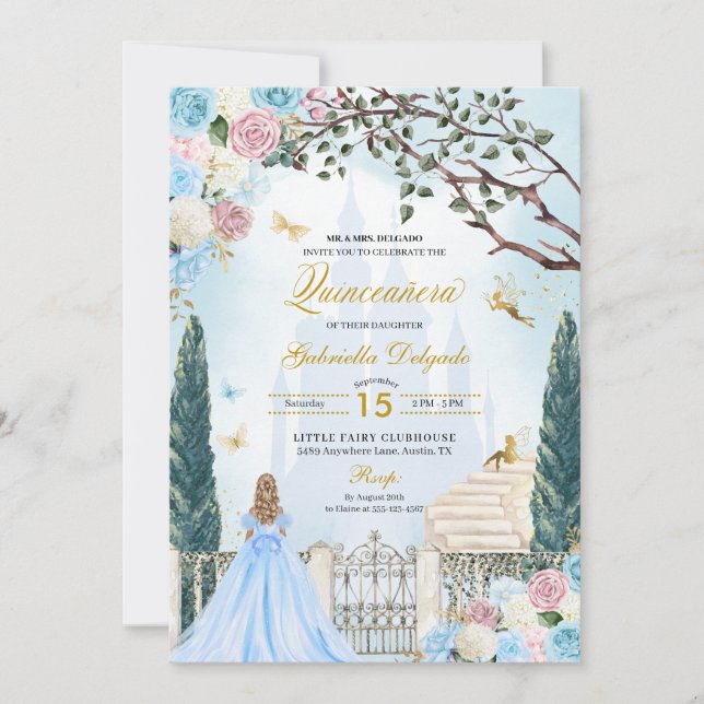 Blue & Rosa Cinderella Magic Garden Quinceanera Inbjudningar (Framsida)