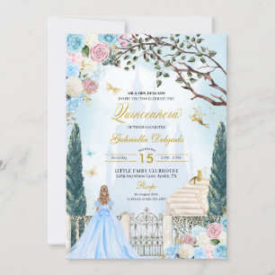 Blue & Rosa Cinderella Magic Garden Quinceanera Inbjudningar