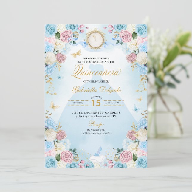 Blue & Rosa Cinderella Princess Dress Quinceanera Inbjudningar (Stående Fram)