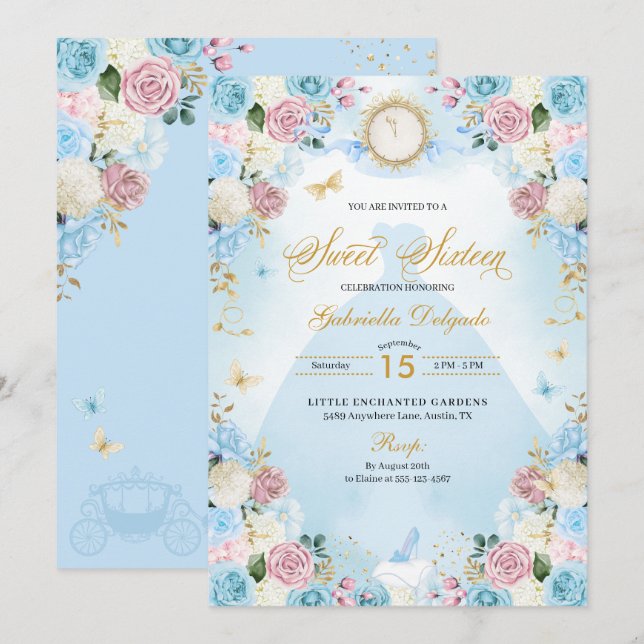 Blue & Rosa Cinderella Princess Dress Sweet 16 Inbjudningar (Fram/baksida)