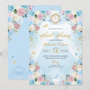 Blue & Rosa Cinderella Princess Dress Sweet 16 Inbjudningar