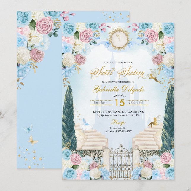 Blue & Rosa Cinderella Princess Sweet sixteen Inbjudningar (Fram/baksida)