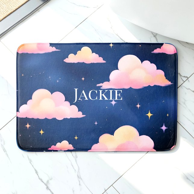 Blue Rosa Cute Clouds Mönster Bath Mat Badrumsmatta (Skapare uppladdad)