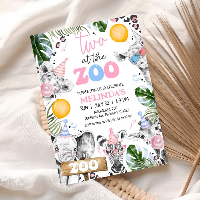 Blue Rosa Drawn Safari Two the Zoo 2nd Birthday Inbjudningar (Two The Zoo 2nd Birthday Invitation Girl, Zoo Birthday Party Invitation Template, Zoo Party Invite )