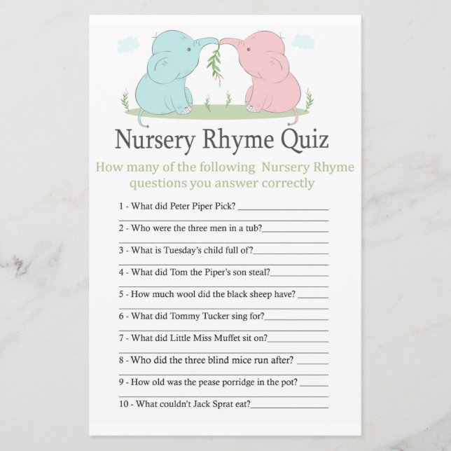 Blue Rosa Elephant Nursery Rhyme Quiz babydusch (Framsida)
