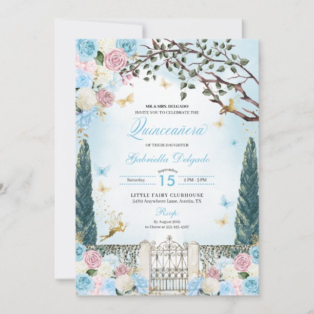 Blue& Rosa Fairy Enchanted Garden Quinceanera Inbjudningar (Framsida)