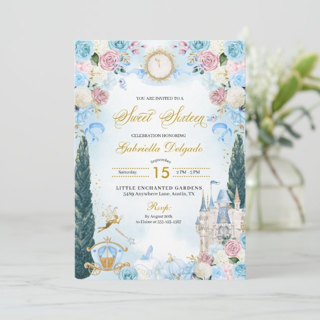 Blue & Rosa Fairytale Cinderella Princess Sweet 16 Inbjudningar (Stående Fram)