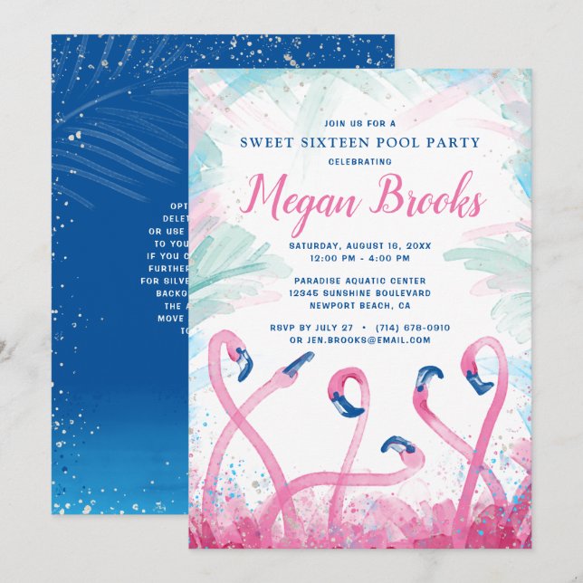 Blue Rosa Flamingo Bassäng Party Sweet 16 Birthday Inbjudningar (Fram/baksida)