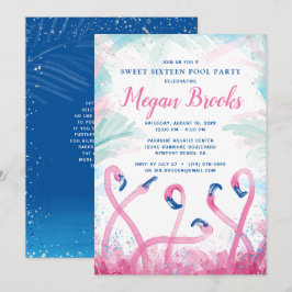 Blue Rosa Flamingo Bassäng Party Sweet 16 Birthday Inbjudningar