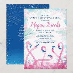 Blue Rosa Flamingo Bassäng Party Sweet 16 Birthday Inbjudningar
