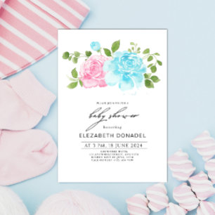 Blue Rosa Gender Reveal Blommigt Bouquet Baby Show Inbjudningar