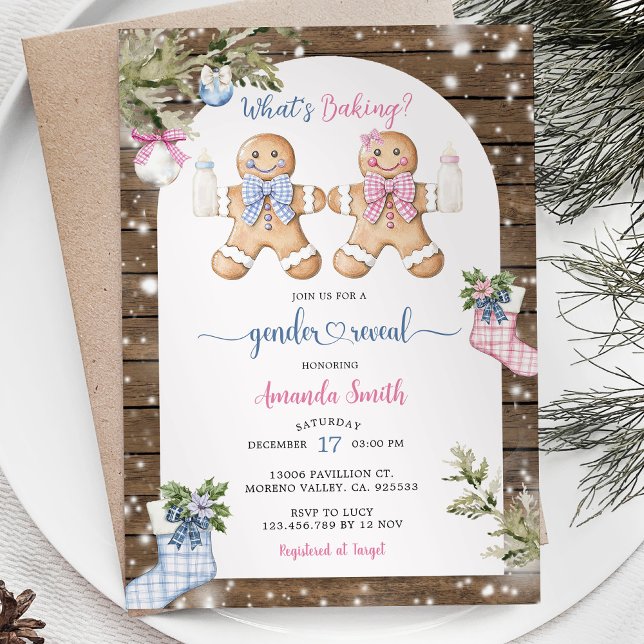Blue Rosa Gingham Skogen Gingerbröd Gender Reveal Inbjudningar (Skapare uppladdad)