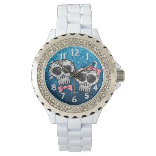 Blue Rosa Glitter Modern Valentine Sugar Skull Armbandsur
