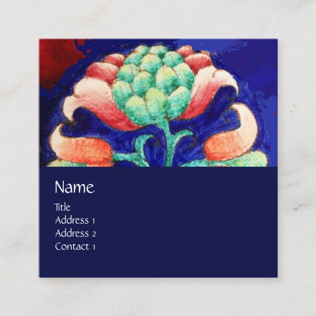 BLUE ROSA GRÖNT BLOMMIGT MONOGRAM SATT FLOMSKYDD FYRKANTIGT VISITKORT (Framsida)