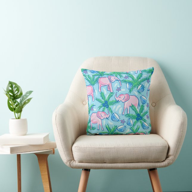 Blue Rosa Grönt Preppy Elephant Kudde (Stol)