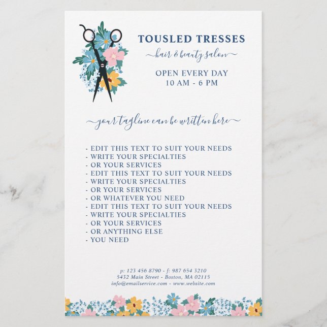 Blue Rosa Gult Blommigt Scissors Hair Salon Flygblad (Framsidan)