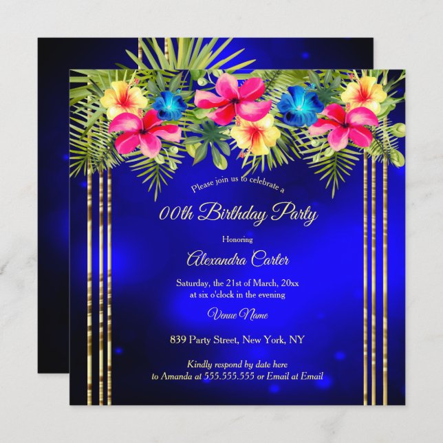 Blue Rosa gult Hibiscus Tropical Blommigt Party Inbjudningar (Fram/baksida)